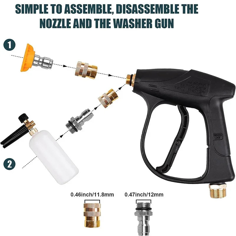 Diagram showing how to assemble and disassemble a foam pressure washer kit including the nozzle, washer gun, and cleaning com