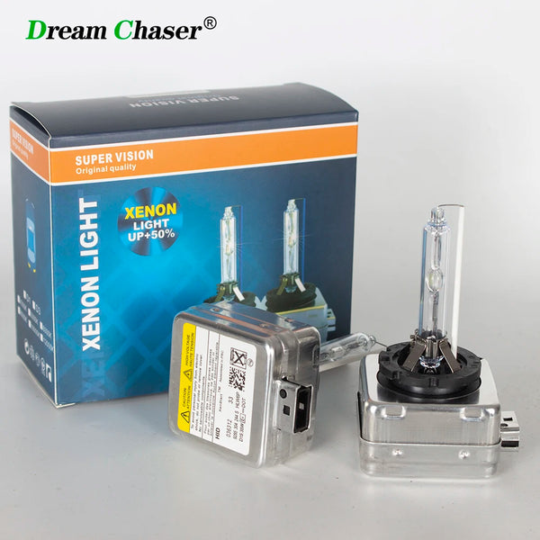 A box and a xenon light bulb are shown, demonstrating a super vision light product.