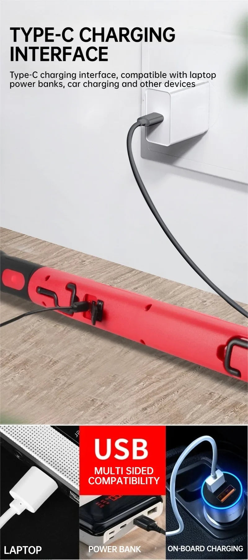 Red magnetic rechargeable work light with a Type-C charging interface shown next to a laptop and power bank.
