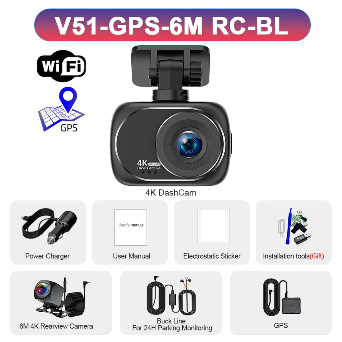 A black 4K dash camera with a lens, power charger, user manual, electrostatic sticker, and GPS components.