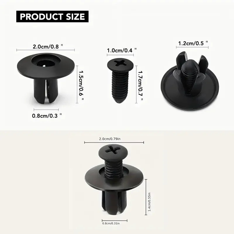 Various sizes of black plastic rivets or fasteners shown with dimensions for automotive and DIY projects.