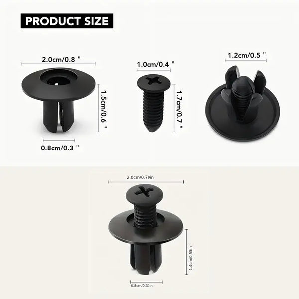 Various sizes of black plastic rivets or fasteners shown with dimensions for automotive and DIY projects.