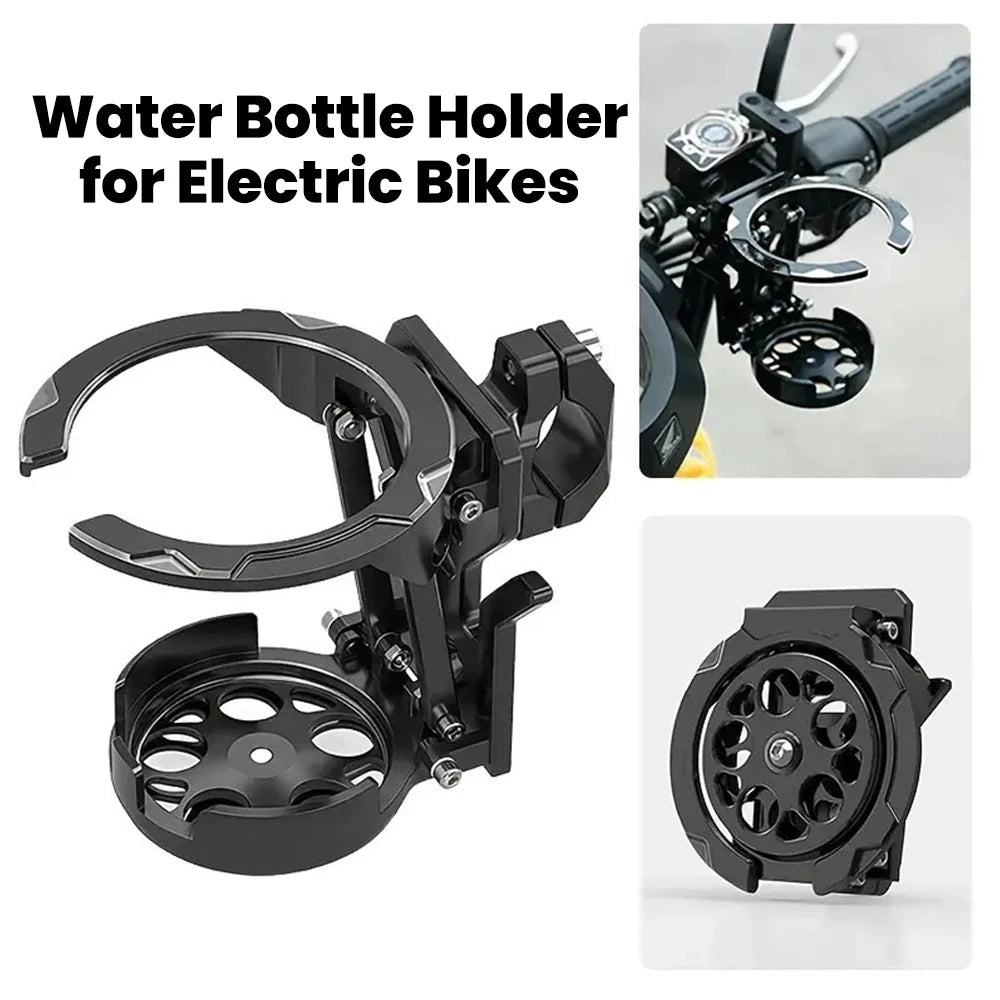 Support pour bouteille d'eau noire pour vélos électriques, avec un clamp incurvé et un support circulaire.
