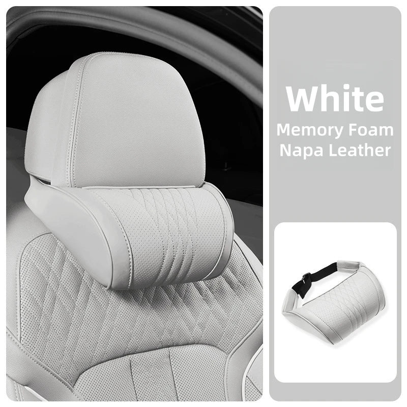 White memory foam car headrest with Napa leather cover shown in a close-up view.