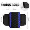 Black diamond grid car console cover with blue LED lights shown next to a size guide.