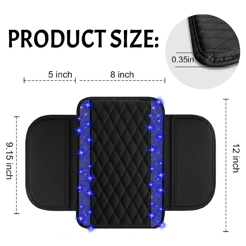 Black diamond grid car console cover with blue LED lights shown next to a size guide.