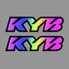 A graphic design featuring the letters KYB in a vibrant rainbow gradient color scheme.