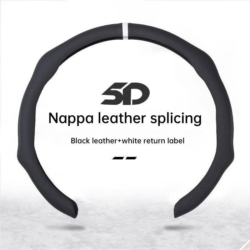 Black leather splicing for a steering wheel cover with a white return label