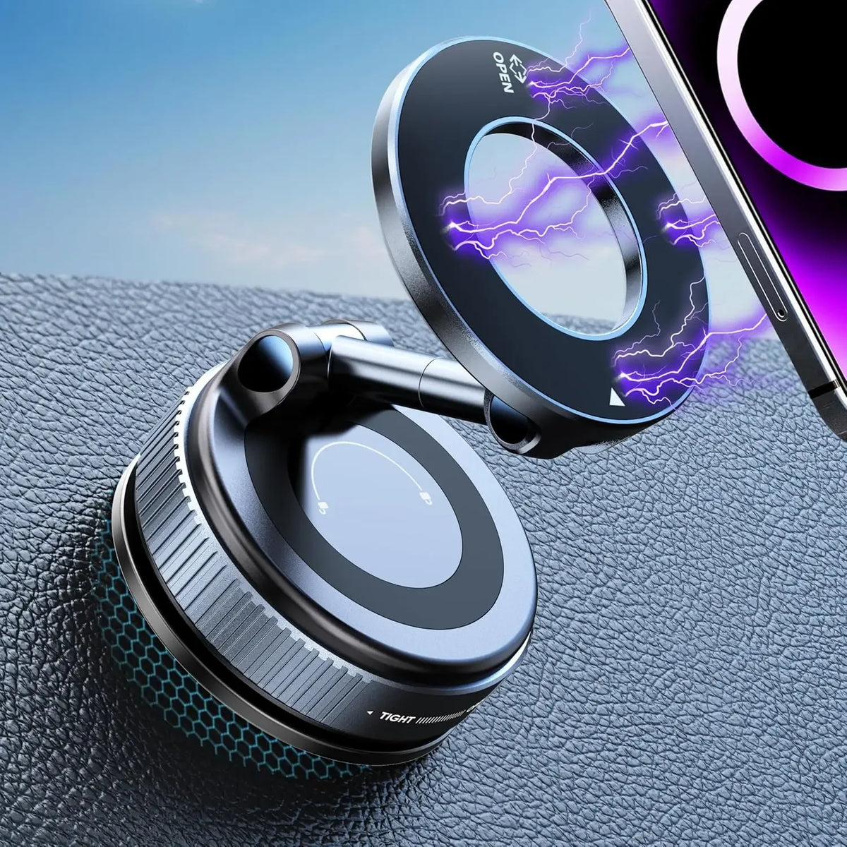 A close-up of a 360° rotating magnetic phone holder with a purple lightning effect, resting on a dark surface next to a smart