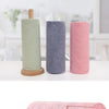 Three cylindrical reusable microfiber cleaning towels in light green, gray, and pink.
