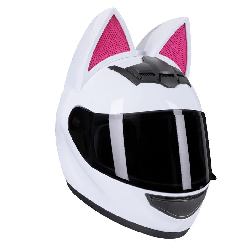 White cat-ear full face motorcycle helmet with black visor and pink accents