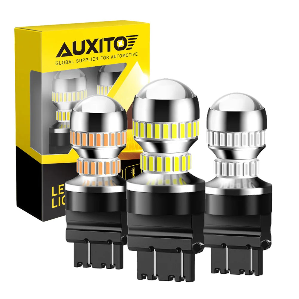 A set of universal LED bulbs for vehicle signals packaged in a yellow box and displayed with individual bulbs.