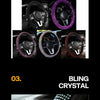 Four views of a crystal diamond rhinestone steering wheel cover in purple and red colors.