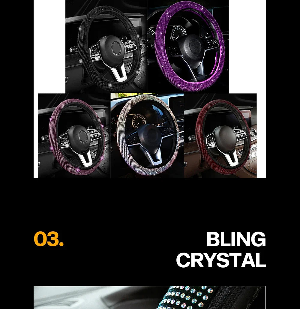 Four views of a crystal diamond rhinestone steering wheel cover in purple and red colors.