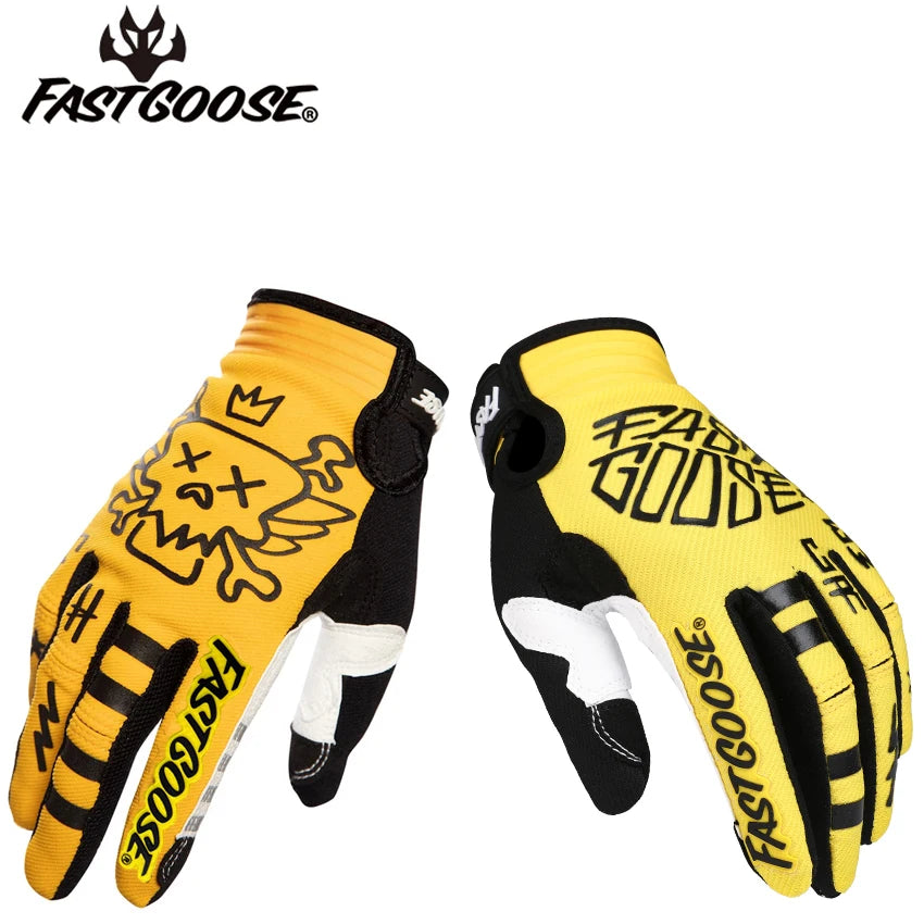 Une paire de gants de moto FastGoose jaunes et noirs, vue de profil.