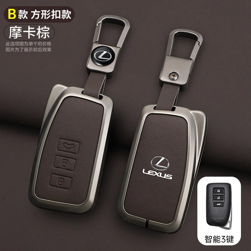 A pair of leather car key covers for Lexus vehicles shown in a studio setting.