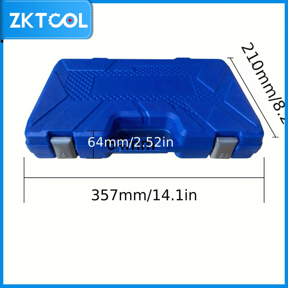 A blue portable engine compression tester kit with dimensions 357mm long and 210mm high.