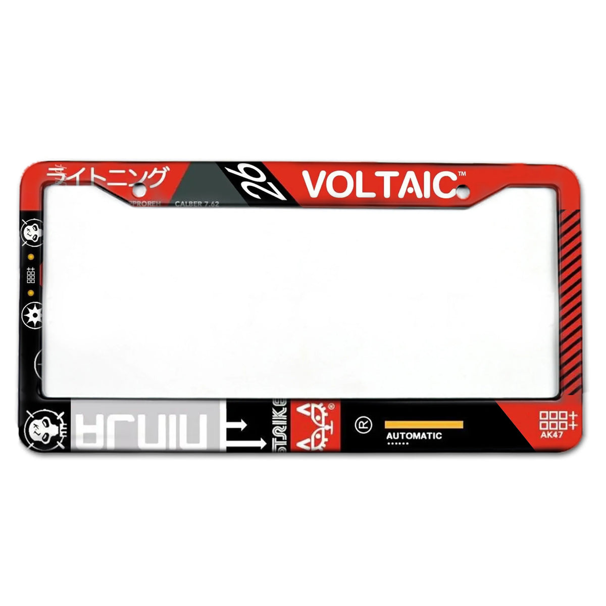 A black aluminum license plate frame with white interior and Voltac brand text.