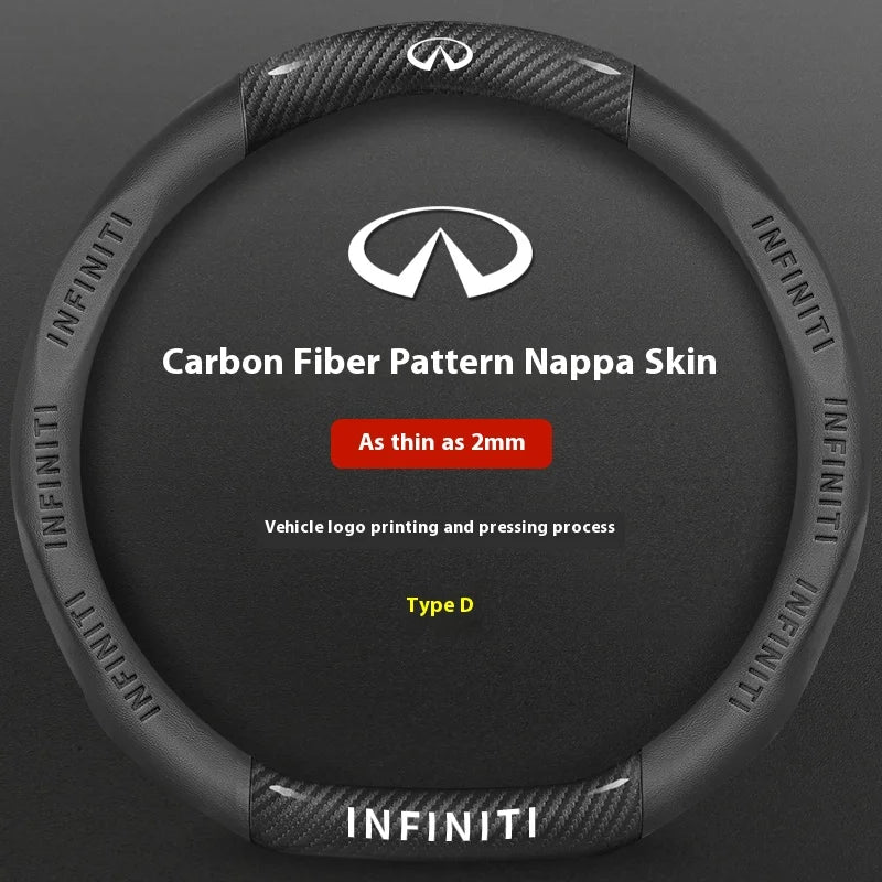 Black carbon fiber patterned nappa skin steering wheel covers for Infiniti vehicles