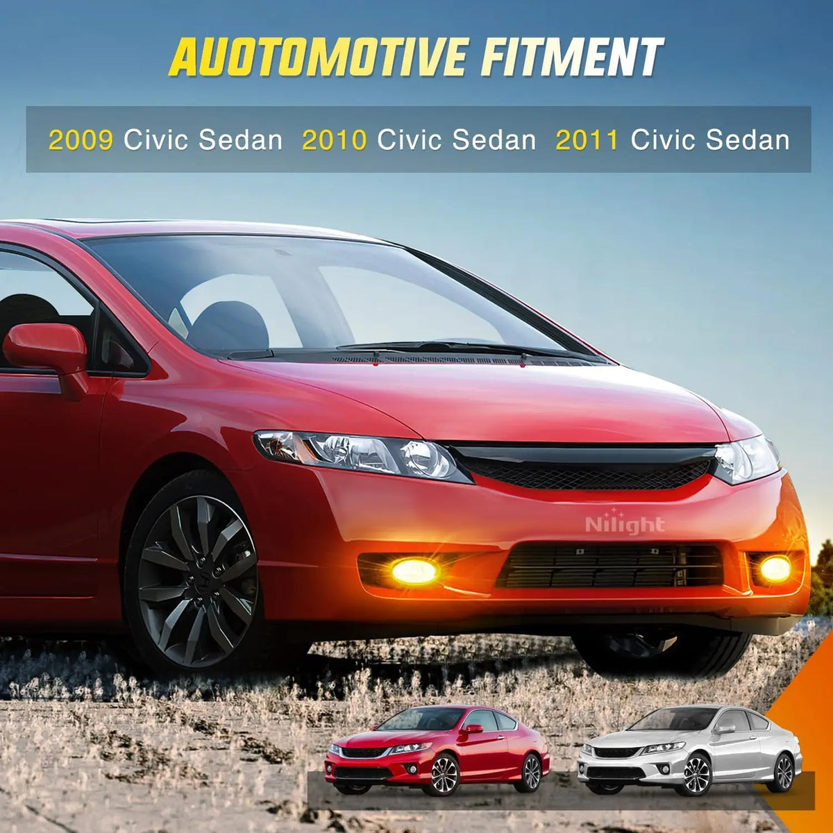 A red Honda Civic Sedan from 2009 to 2011 with illuminated fog lights.