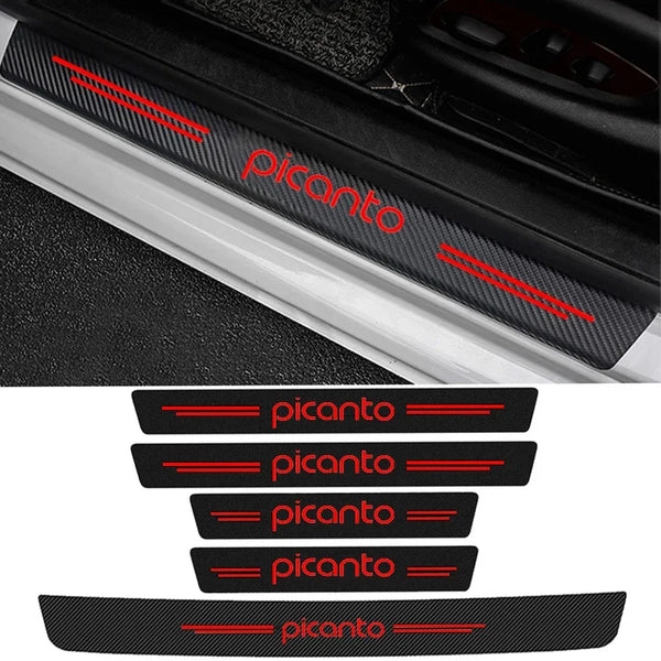 Black carbon fiber decals with red lettering for car door sills and thresholds