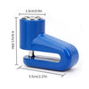 A blue heavy duty motorcycle wheel disc brake lock with a cylindrical body and a flat gripping surface.