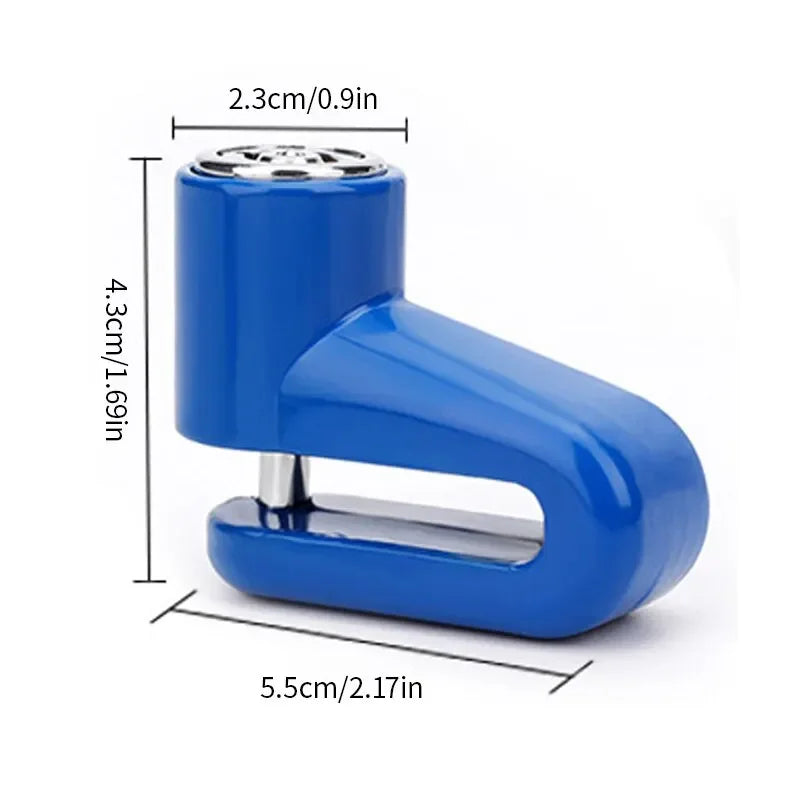 A blue heavy duty motorcycle wheel disc brake lock with a cylindrical body and a flat gripping surface.