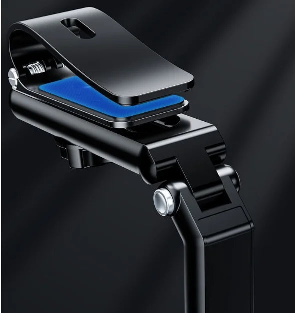 A black 360° rotating phone mount is shown with a blue insert, mounted on a flexible arm.