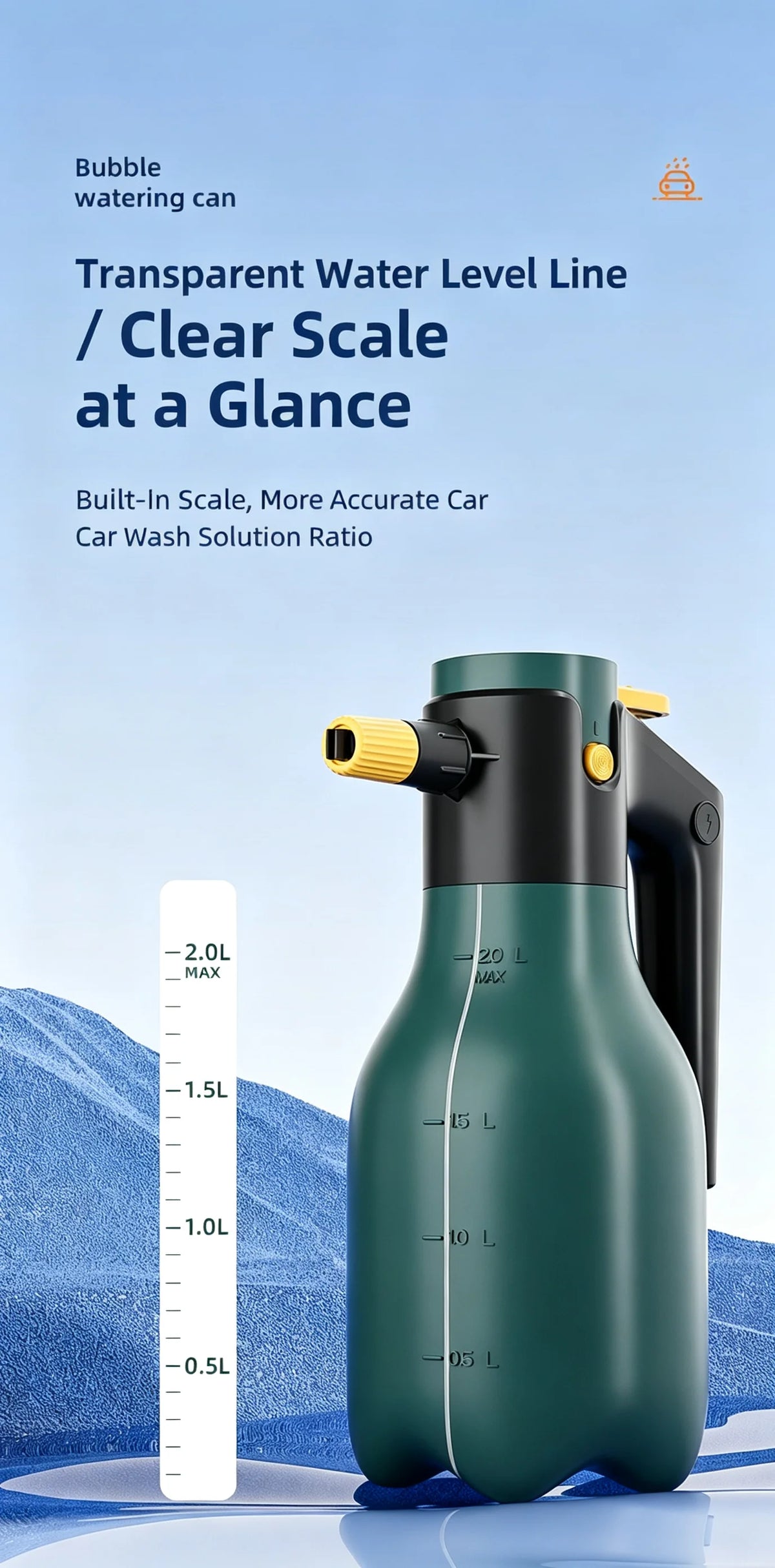 A green high-pressure electric foam spray bottle with a transparent water level line displayed on the side.