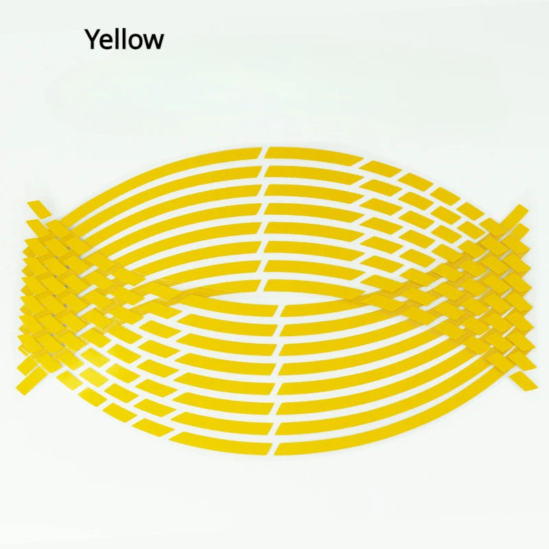 Yellow reflective wheel rim strips designed for motorcycles and cars.