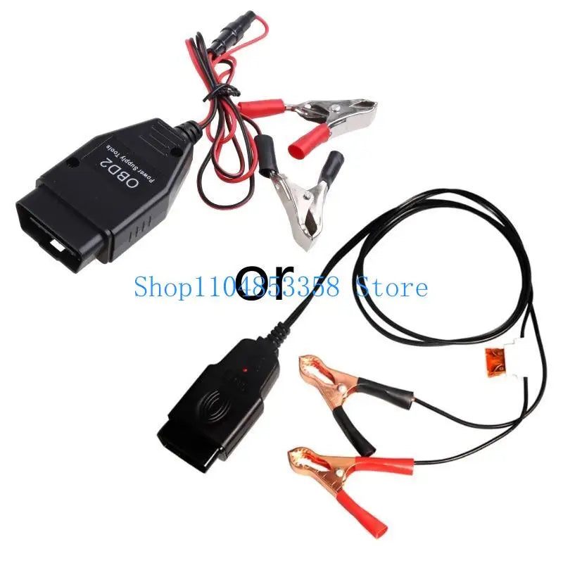 A professional OBD2 battery replacement and monitoring tool with a connector and pliers is shown.
