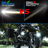 Comparison graphic showing Our Motorcycle LED Laser Spotlights versus Others Motorcycle Halogen Lamps, with a motorcycle in t