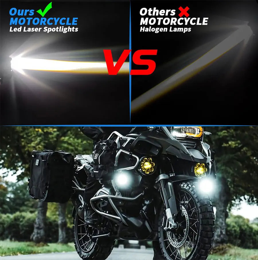 Comparison graphic showing Our Motorcycle LED Laser Spotlights versus Others Motorcycle Halogen Lamps, with a motorcycle in t