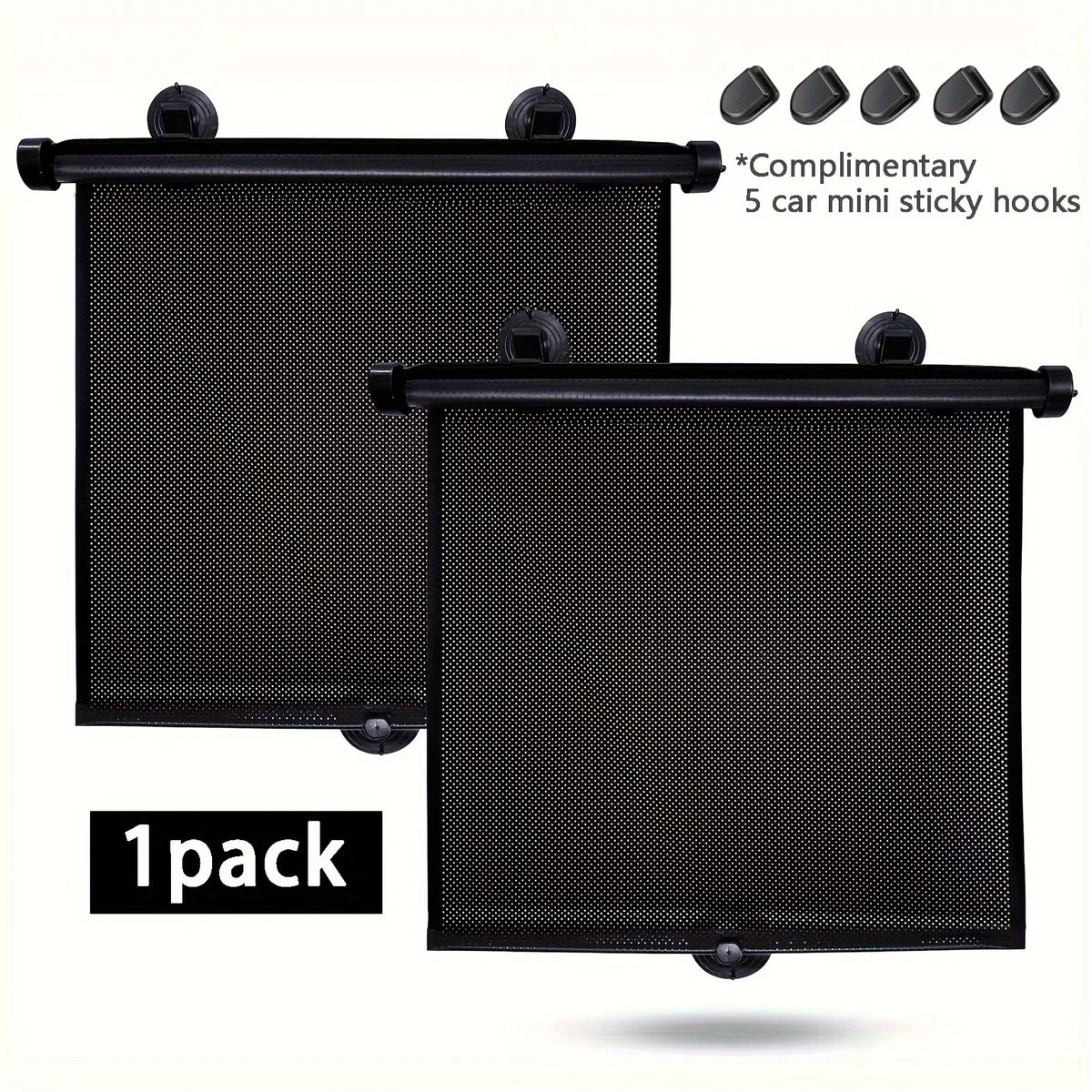 A pair of black retractable car sunshades with five complimentary sticky hooks shown in a product package.