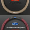 Two steering wheel covers for Ford vehicles, one in beige Nappa leather and one in red carbon fiber pattern.