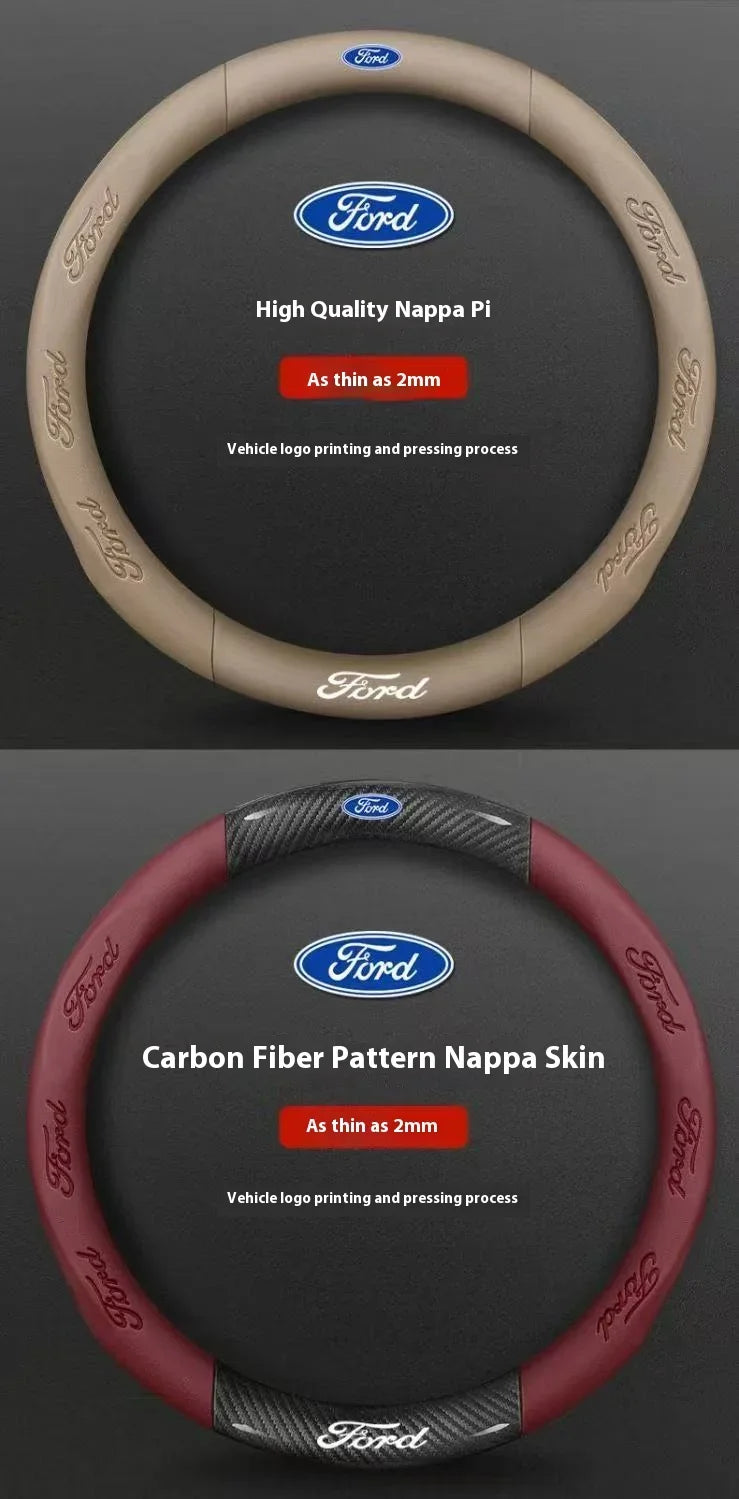 Two steering wheel covers for Ford vehicles, one in beige Nappa leather and one in red carbon fiber pattern.