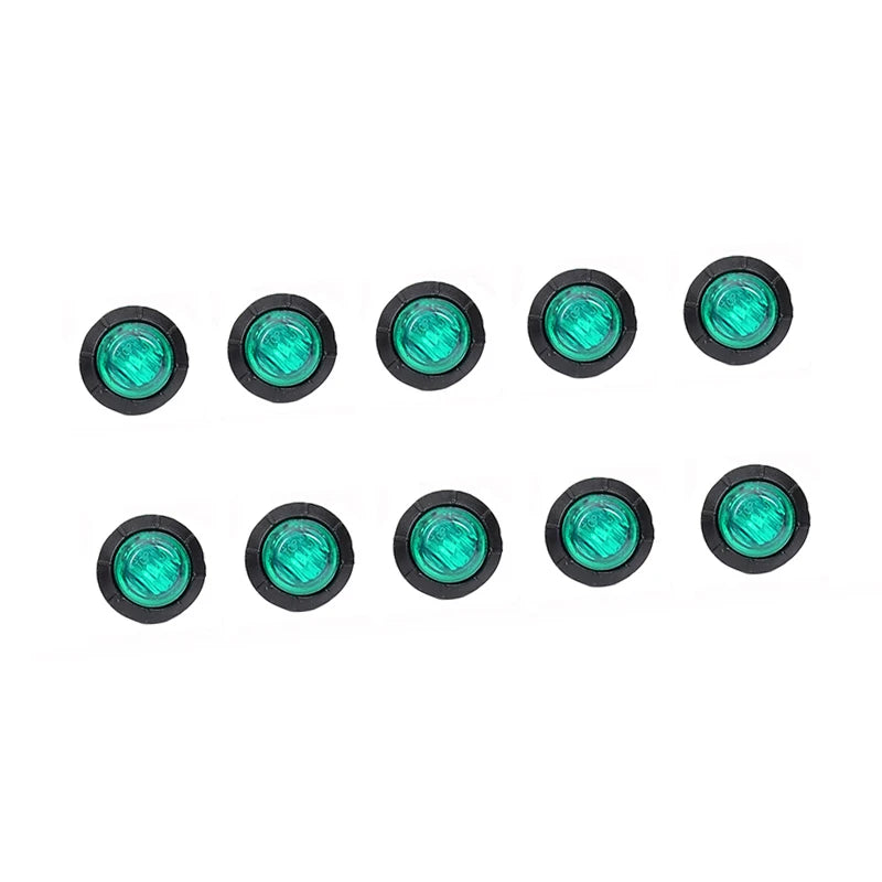 A set of eight round green LED side marker lights for trucks, trailers, and RVs.