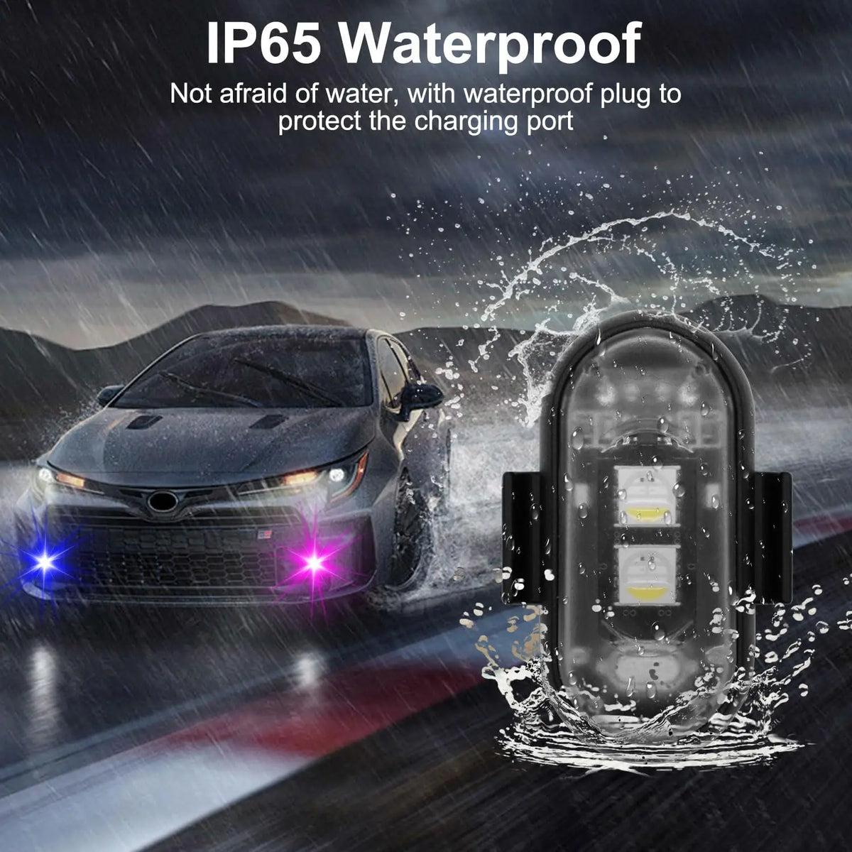 IP65 wasserdichte LED-Stroboskopleuchte wird auf einem Auto verwendet, wobei der Schutz des Ladeanschlusses hervorgehoben wir