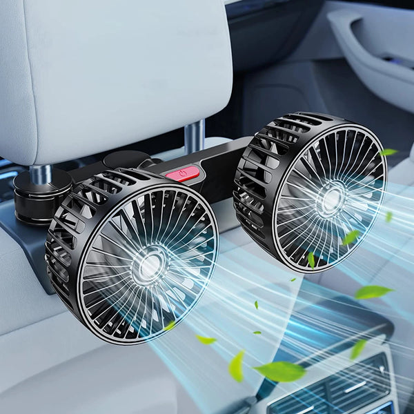 A close-up of a 360° adjustable car cooling fan with multiple blades emitting cool air onto a surface.