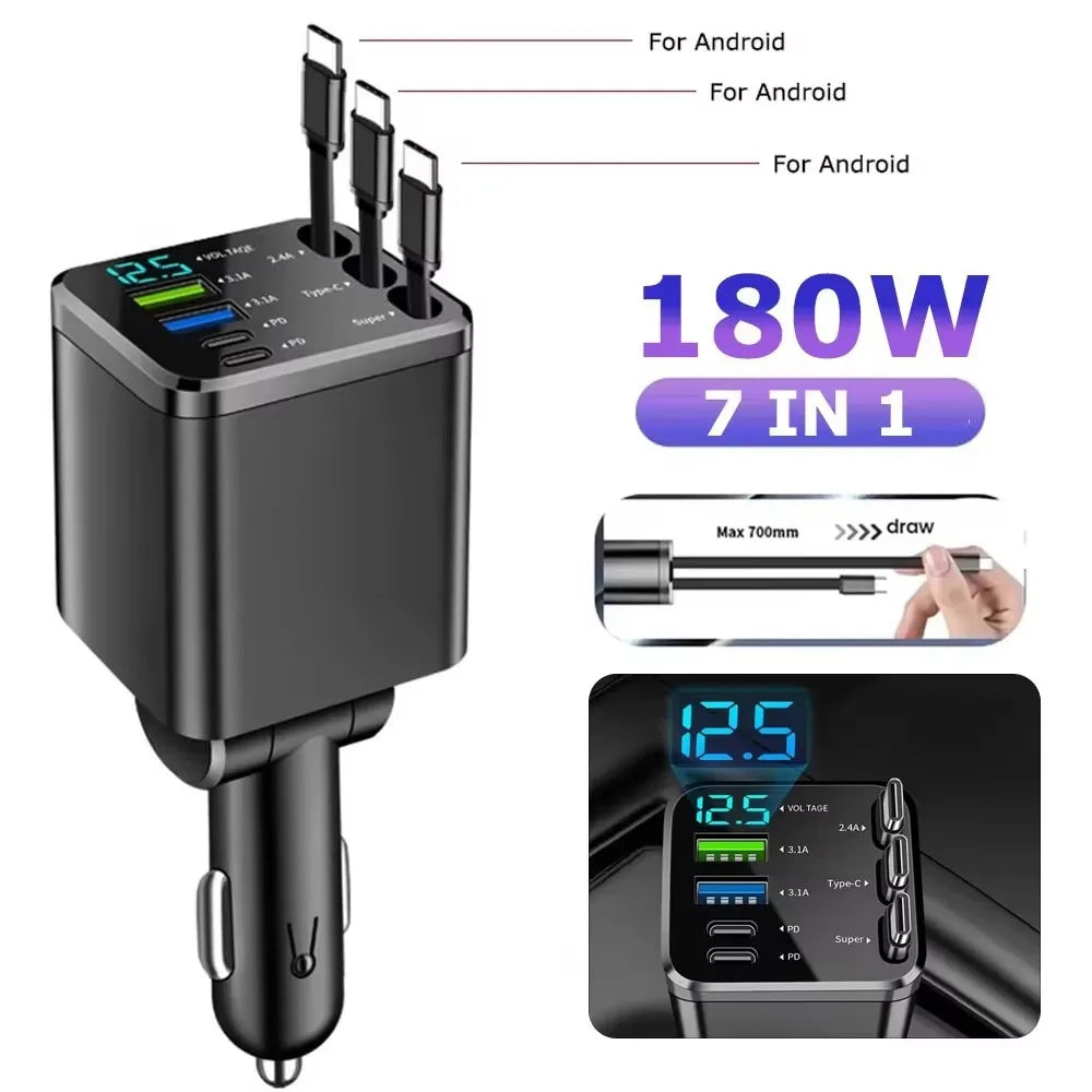 A black 7-in-1 car charger with multiple ports and a retractable cable shown in various views.