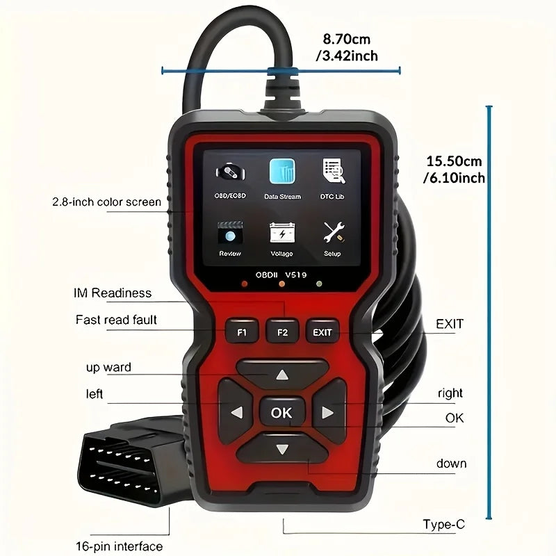 A red and black professional OBD2 diagnostic scanner with a color screen and various buttons.