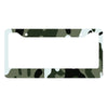 A license plate cover featuring a camouflage pattern with a white background.