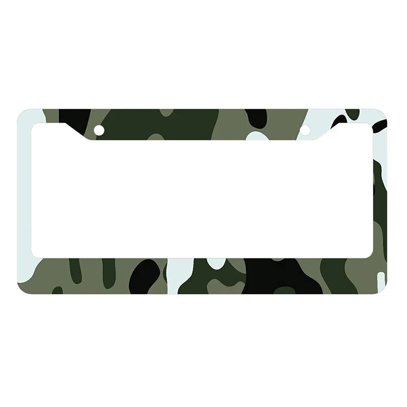 A license plate cover featuring a camouflage pattern with a white background.