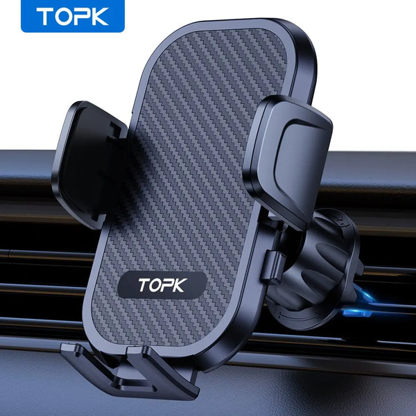 A black TOPK adjustable phone mount is shown mounted on a car vent grille.