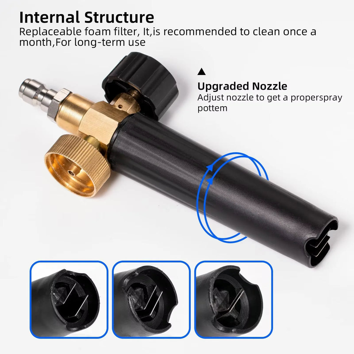 A black foam pressure washer kit with an upgraded nozzle and replaceable foam filter is shown.