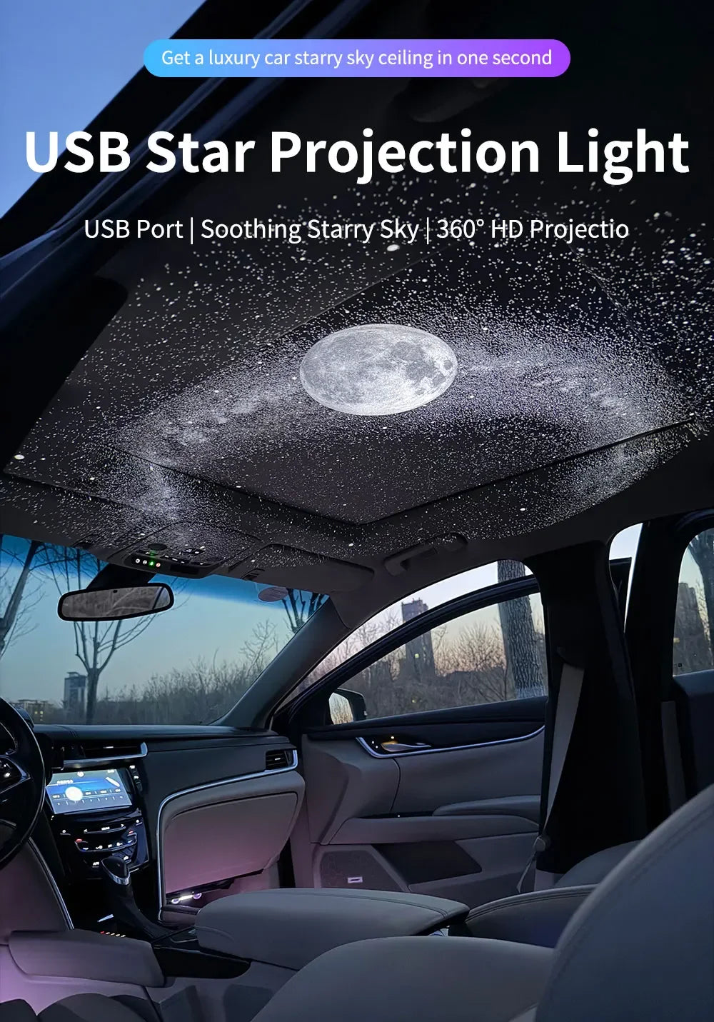 USB-Sternprojektor beleuchtet die Auto-Innerausstattung mit einem Mond-Effekt.