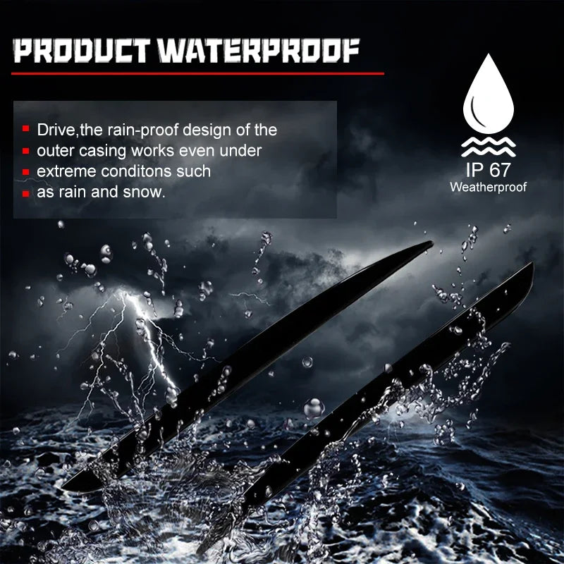 A close-up of a black rear bumper reflector light cover being splashed by water in a rough sea environment.
