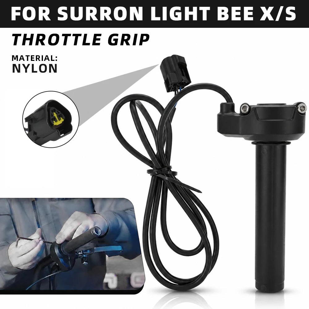 Poignée de throttle en nylon noir pour une Surron Light Bee X/S, avec son câble attaché.