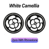 Two black white camellia flower coasters with rhinestone borders