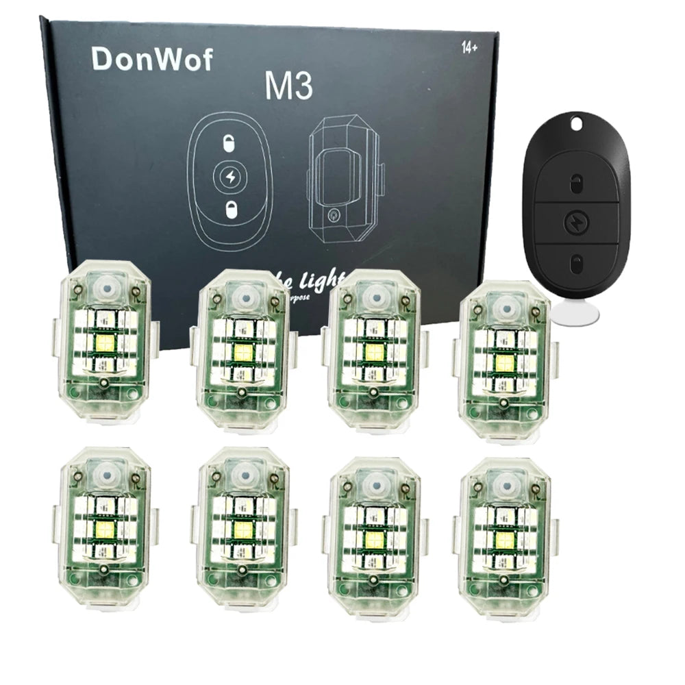 A set of M3 wireless strobe warning lights and a remote control are displayed on a black background.